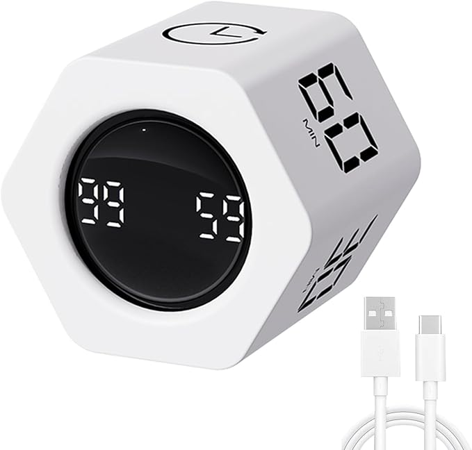 LUCKY TIME Productivity Timer Flip Gravity Sensor Pomodoro Cube Timer Countdown & Countup,1/5/10/30/60min Preset & Custom Timing, Mute/Vibrate/Sound for ADHD,Work,Study,Kitchen(1, White Hexagon)