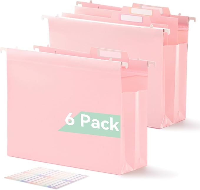 SortRax Plastic High Capacity Hanging File Folders, Letter Size, 4" Expanding Accordion Pocket with Movable Dividers, Pink Colors, Heavy Duty for Filing Cabinet, Insertable Tabs, 6 Pack