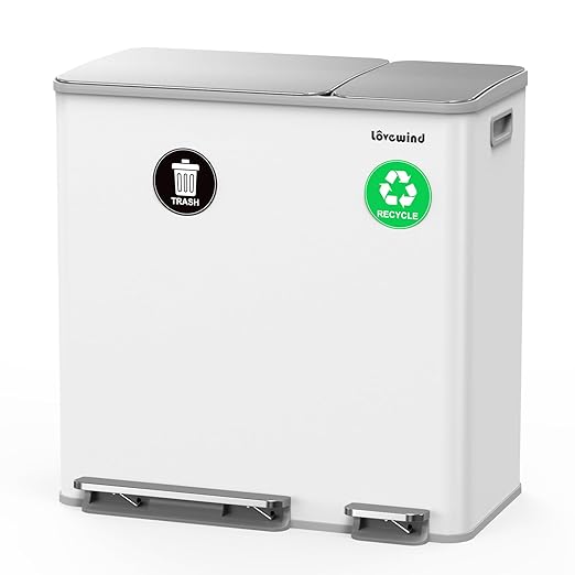 Dual Trash and Recycling Bins for Kitchen, 13.2 + 5.2 Gal (50+20L) Stainless Steel Trash and Recycle Bin Combo with Soft-Close Lid, Large Garbage Cans for Kitchen Home with 2 Magnets Sticker, White