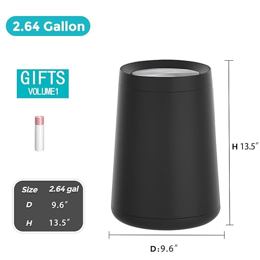 YOJIA 10L / 2.6Gal Metal Black Trash Can with Swing Lid, Modern Brass Garbage Can with Removable Inner, Decorative Unique Waste Basket for Bathroom, Bedroom, Office, Hotel, (Black)