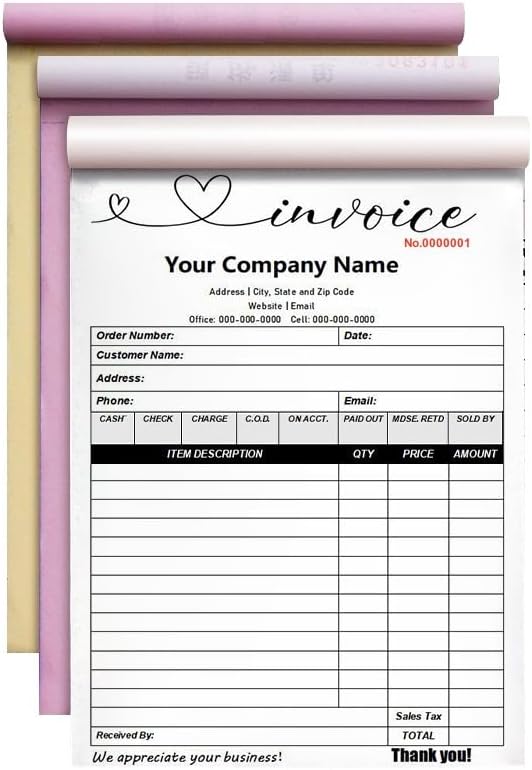 Personalized Invoice Book Custom 2 Part/3 Part Receipt Book Quote Estimate Order Forms Carbonless Form with Your Company Name Logo Address,2-10 Books (Style 19)