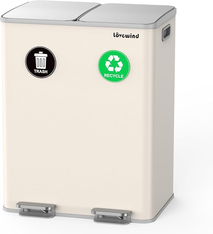 Lovewind Kitchen Trash Can, 2 x 8 Gallon (2 x 30 L) Stainless Steel Trash and Recycle Bin Combo with Soft-Close Lid, Dual Compartment Recycling Kitchen Step Trash Bin, Apricot