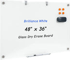 48 x 36 Inches Glass Whiteboard, Magnetic Glass Dry Erase Board for Wall, 4' x 3' Brilliance White Board for Office, Home, School