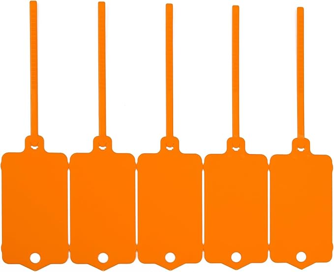 100pcs Blank Plastic Tags for Labeling Reusable Hanging Tags Ties Key Tag Storage Labels Waterproof Plastic Mark Label Writable Hang Sign with One Marker Pen (Orange)