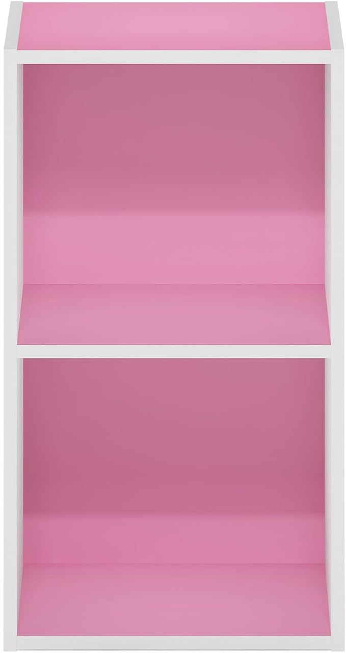 Furinno PASIR Book Shelf, 2-Tier Modern Bookshelf, Open Shelves Bookcase 9 x 12 x 21, for Living Room, Bedroom, Home Office, Pink/White