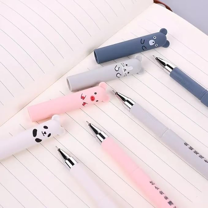 Piaogui 6pcs 0.5mm Erasable Gel Pens,Kawaii Cute Bear Pig Erasable Gel Pen Set Kawaii Pens Back to School Stationery Supplies for Writing Noting Journaling Kids Gifts (White-6 Pcs)