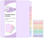 SKYDUE Durable Plastic 8-Tab Dividers, Big Tab Dividers for 3 Ring Binder, Write & Erase 3 Ring Binder Dividers with Tabs, with Sticker Labels, 1 Set, Pastel Color (Purple)