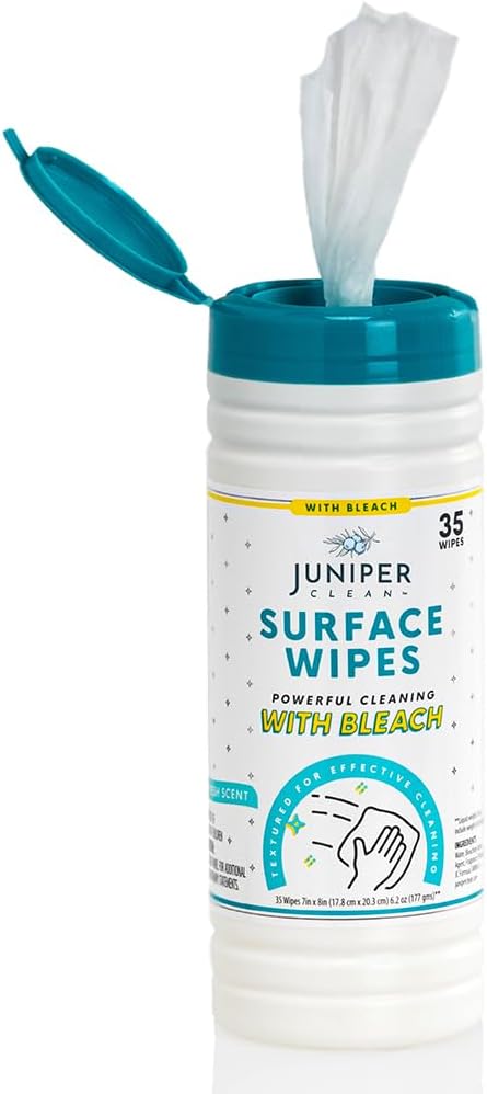 Juniper CLEAN 1 Pack Surface Cleaning Wipes with Bleach, All-Purpose Cleaner for Bathroom, Kitchen, Office, 35 Count Canister, 7.5" x 7" Sheet, Fresh Scent, Lint Free & Durable