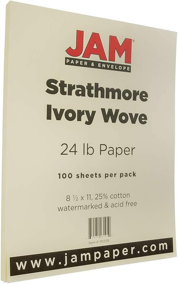 JAM PAPER Strathmore 24lb Paper - 90 gsm - 8.5 x 11 - Ivory Wove - 100 Sheets/Pack