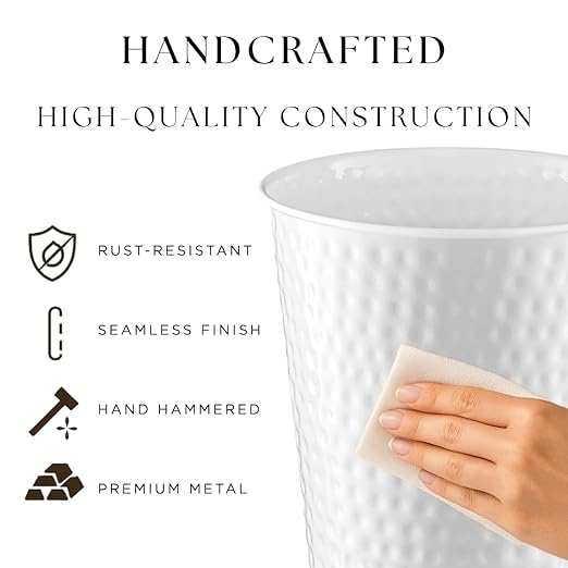 Monarch Abode Metal Bathroom Trash Can – Waste Basket for Bedroom, Office Desk, & Dorm, Hand Hammered, Durable Decorative White Small Trash Can Bathroom Garbage Bin Wastebasket
