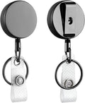 Will Well ID Badge Holder Reel with Clip and Keyring - Heavy-Duty All-Metal Casing with 27.5" UHMWPE Fiber Pull Cord for Durability and Easy Access, Holds up to 8 Keys - 2-Pack, Round, Glossy Black