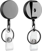Will Well ID Badge Holder Reel with Clip and Keyring - Heavy-Duty All-Metal Casing with 27.5" UHMWPE Fiber Pull Cord for Durability and Easy Access, Holds up to 8 Keys - 2-Pack, Round, Glossy Black