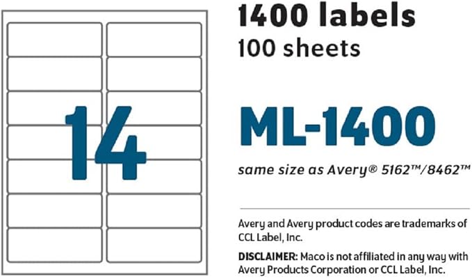 MACO Printable Labels for Mailing - Laser/Ink Jet Compatible Shipping Address Return Labels, 14 per Sheet, 1-1/3 x 4", Box of 100 Pages/1400 Labels, White