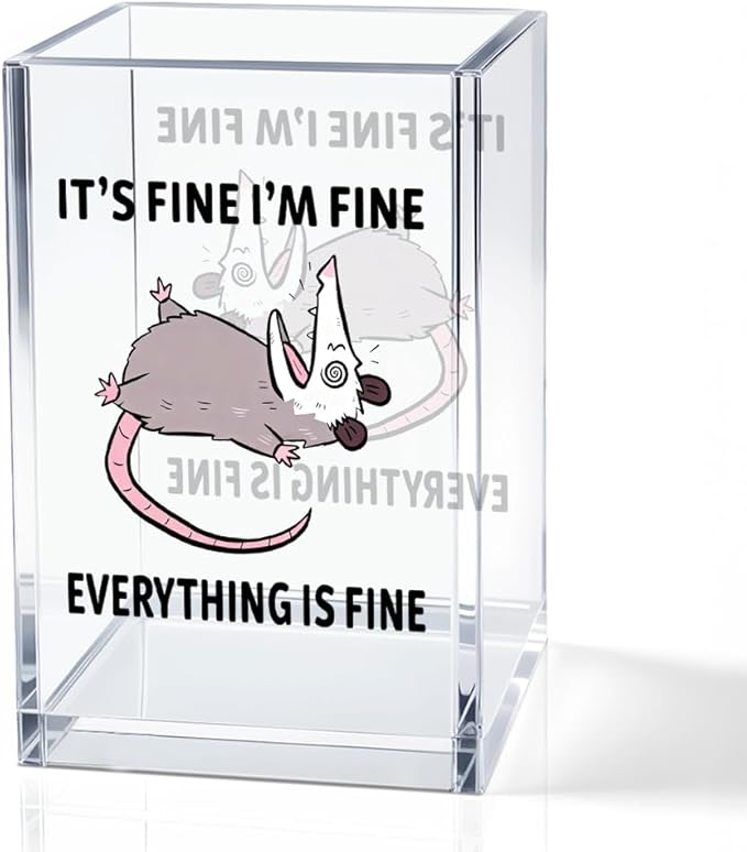 QYUVK It's Fine I'm Fine Everything Is Fin Acrylic Makeup Brush Pencil Holder Cup, Funny Opossum Pen Holder Gifts For Friends Nurse, Office Sarcastic Gifts for Women Men Coworker, Desk Organizer