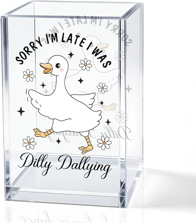 QYUVK Sorry I'm Late I Was Dilly Dallying Acrylic Makeup Brush Pencil Holder Cup, Funny Silly Goose Pen Holder Cup Gifts for Women Coworker, Cosmetic Organizer for Home Office Desk Accessories