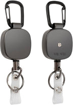 Will Well ID Badge Holder Reel with Clip and Keyring - Heavy-Duty All-Metal Casing with 27.5"UHMWPE Fiber Pull Cord for Durability and Easy Access, Holds up to 8 Keys - 2-Pack, Square, Matte Black