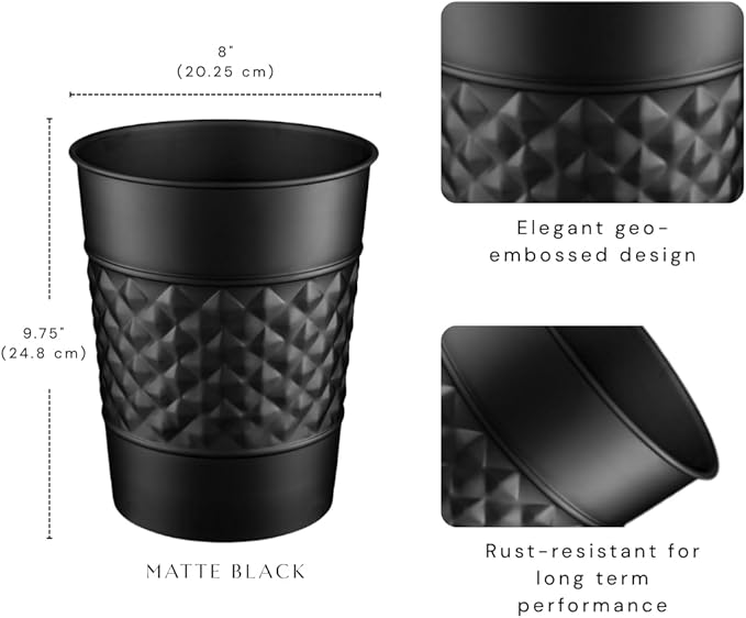 Monarch Abode Metal Bathroom Trash Can – Waste Basket for Bedroom, Office Desk, & Dorm, Handcrafted Geo Embossed, Durable Decorative Black Small Trash Can Bathroom Garbage Bin Wastebasket