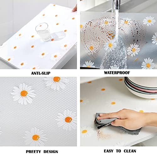Daisy Shelf Liner for Kitchen Cabinets – Non-Adhesive, Non-Slip Drawer & Refrigerator Liner – Waterproof, Washable Cabinet Mat Floral Pattern, Easy to Cut & Install – Fits Pantry, Bathroom, Office