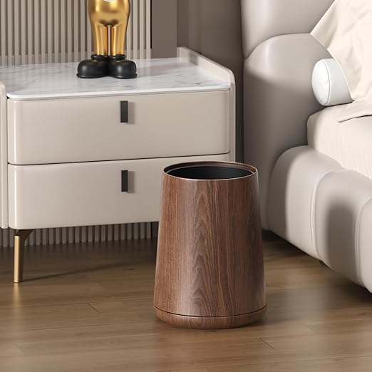 LEASYLIFE 8L/2.1GAL Modern Metal Waste Bin with Realistic Wood Texture,Built-in Bag Holder,Open-Top Trash Bin for Bathroom,Home,Office,Living Room (2.1gal Cone)