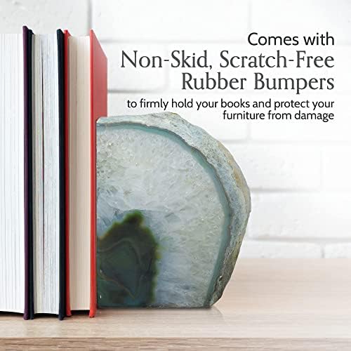 Nature's Decorations Agate Bookends - A+ Quality Green Geode with Non-Skid Rubber Bumpers for Shelves, Office, Home Decor, Heavy Duty Cute Stone (3-4 LB)