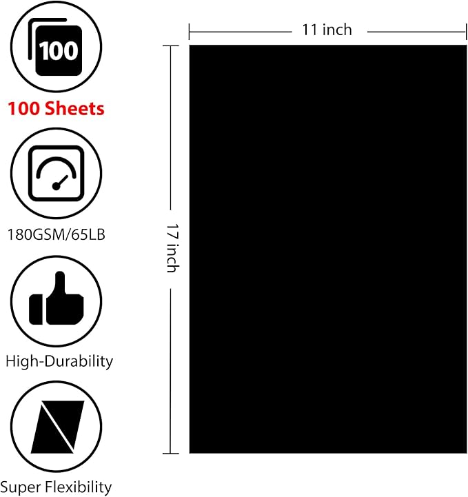 OcePor 100 Sheets Black Cardstock 11” x 17”, 65lb/180gsm Black Card Stock, Thick Card Stock Paper, Heavy Cardstock Paper for Printer, Resume, Scrapbooks, Art, Crafts, Business Cards