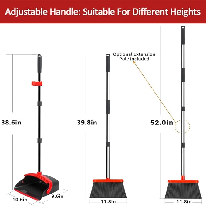 Brooms with Dustpan Combo Set， with 52" Long Handle, Dustpan Teeth with self-Cleaning Function, Indoor and Outdoor Sweeping, Perfect for Home Office (Large/Red /2-Pack)