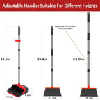 Brooms with Dustpan Combo Set， with 52" Long Handle, Dustpan Teeth with self-Cleaning Function, Indoor and Outdoor Sweeping, Perfect for Home Office (Large/Red /2-Pack)