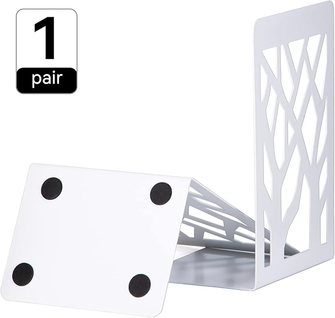 Book Ends for Shelves and Heavy Books - Metal White Bookends 1 Pair - Home Decorative Shelf Holder, Supports, and Stoppers