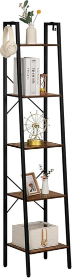 Hzuaneri Ladder Shelf, Bookshelf Bookcase, Freestanding Corner Storage Shelve with 2 Hooks for Home Office, Living Room, Kitchen, Bedroom, Industrial, 11.8" D x 13.4" W x 63" H, Rustic Brown BC03201B