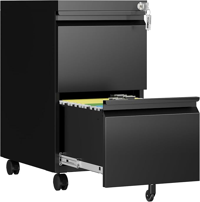 AFAIF 2 Drawer File Cabinet with Lock, Rolling File Cabinets for Home Office, Small Metal Filing Cabinet Office Drawers Under Desk for Letters/Legal/A4 Size, Assembly Required