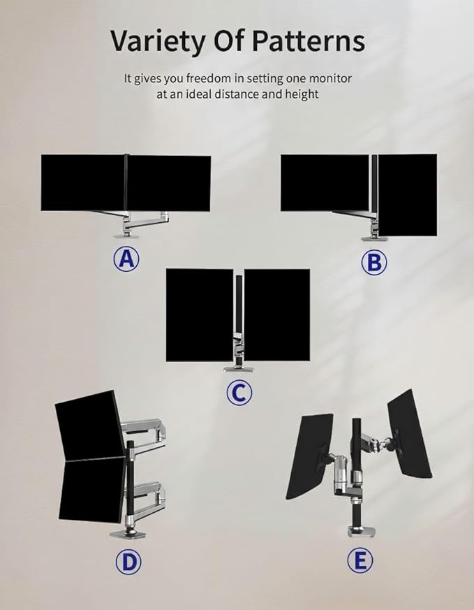 Ergounion Premium Dual Monitor Stand for Desk, High-Grade Aluminum Stacked Monitor Arm with Heavy-Duty Mechanical Spring, Adjustable Vertical Double Monitor Mount for 13-40 inch Screens, Silver