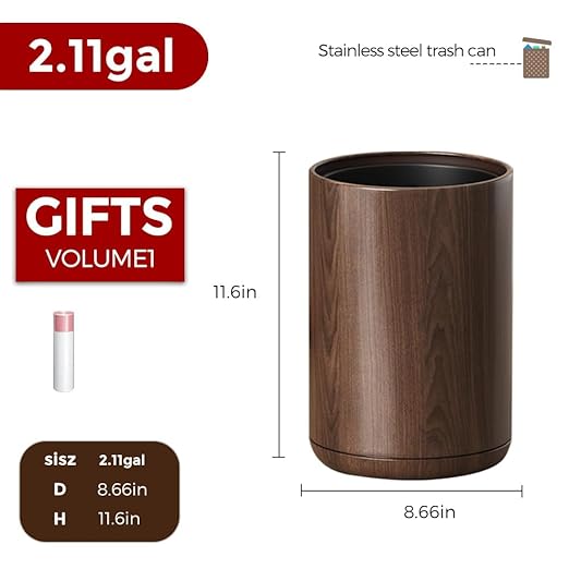 LEASYLIFE 8L/2.1GAL Modern Metal Waste Bin with Realistic Wood Texture,Built-in Bag Holder,Open-Top Trash Bin for Bathroom,Home,Office,Living Room (2.1gal Round)