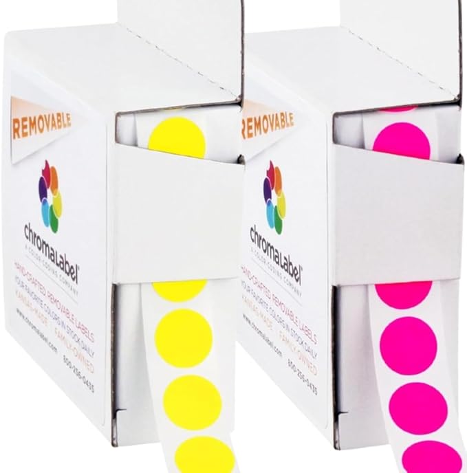 ChromaLabel 1/2 Inch Round Colored Stickers, Removable Sticky Dots Color Coding Labels, Easy to Write On Dot Sticker - 1000 Stickers per Dispenser Box, Matte Finish Fluorescent Pink and Yellow
