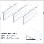 Diteje 20 Pack Plastic Wire Shelf Label Holder,Shelving Rack Retail Sign Hook Labels Clip On with Paper Inserts,2.36x1.50inch