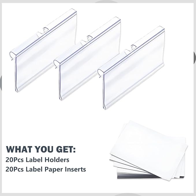 Diteje 20 Pack Plastic Wire Shelf Label Holder,Shelving Rack Retail Sign Hook Labels Clip On with Paper Inserts,2.36x1.50inch