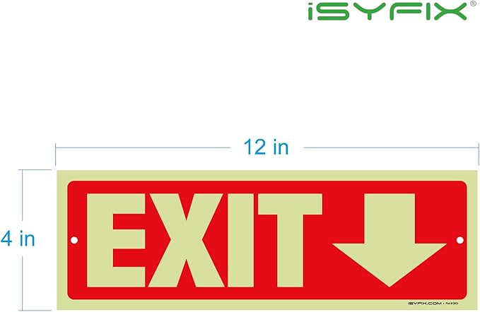 iSYFIX Exit Signs with Directional Down Arrow - 12 Pack 12x4 Inch Glow in the Dark for Business, School, Office, Warehouse - Durable 40 Mil Polystyrene, UV Laminated, Waterproof, Scratch & Fade Resistant