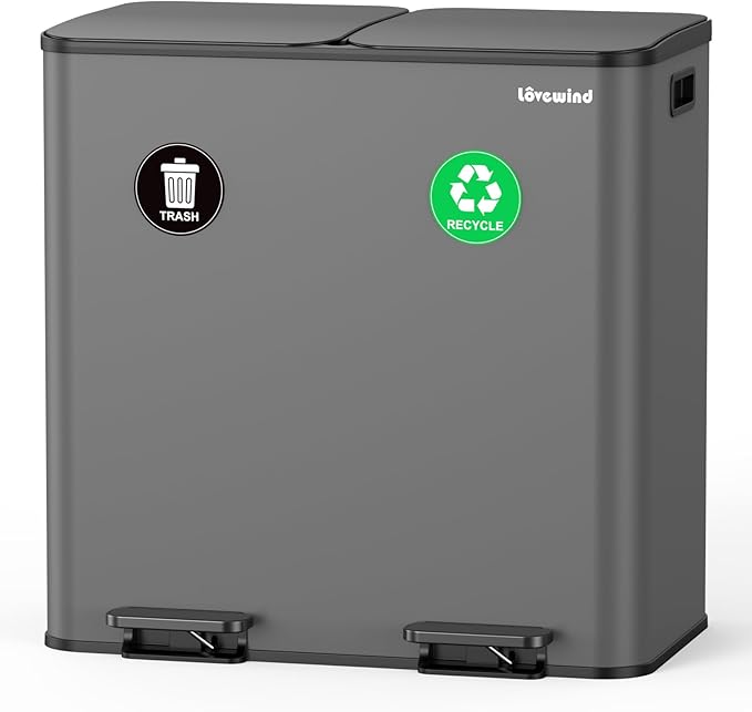 Lovewind Trash Can, 2 x 10.5 Gallon (2 x 40 L) Garbage Can for Kitchen Dual Compartment Recycling Kitchen Step Trash Bin, Stainless Steel Trash and Recycle Bin Combo with Soft-Close Lid, Grey