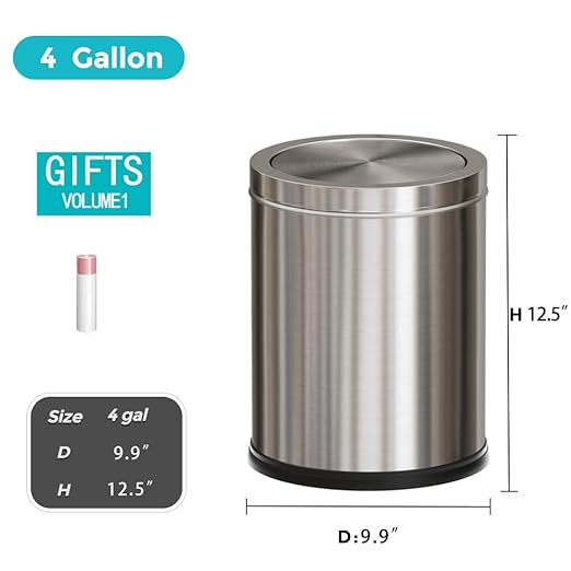 YOJIA 4 Gallon Stainless Steel Waste Bin,Small Metal Garbage can with Shake Lid,Paper Backet with Flipping Lid, Large Capacity Trash Can, for Kitchen,Bathroom,Living Room,Office,Hotle (Silver)