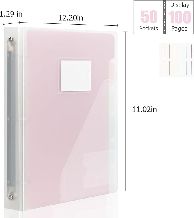 Uquelic 50-Pocket Clear Binder with Plastic Sleeves for Letter/A4 Size(11" x 8.5"), Document Binder Organizer for Papers, Certificates and Artwork, Macaron PP Divider Pages for Presentation