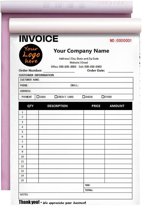 Custom Carbonless Sales Invoice Form Books for Small Business, Personalized NCR 2-Part Receipt Book with Carbon Copies, Cover Add Company Name, Address and Number Printed