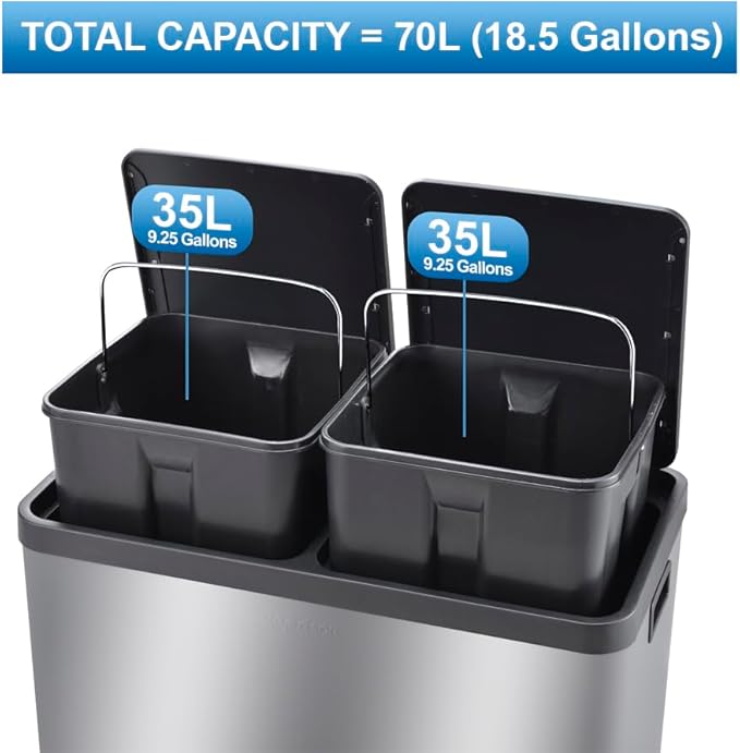 The Step N' Sort 18.5 Gallon Extra Large Capacity, Soft-Step, Dual Trash and Recycling Bin with Removable Inner Bins, Silver