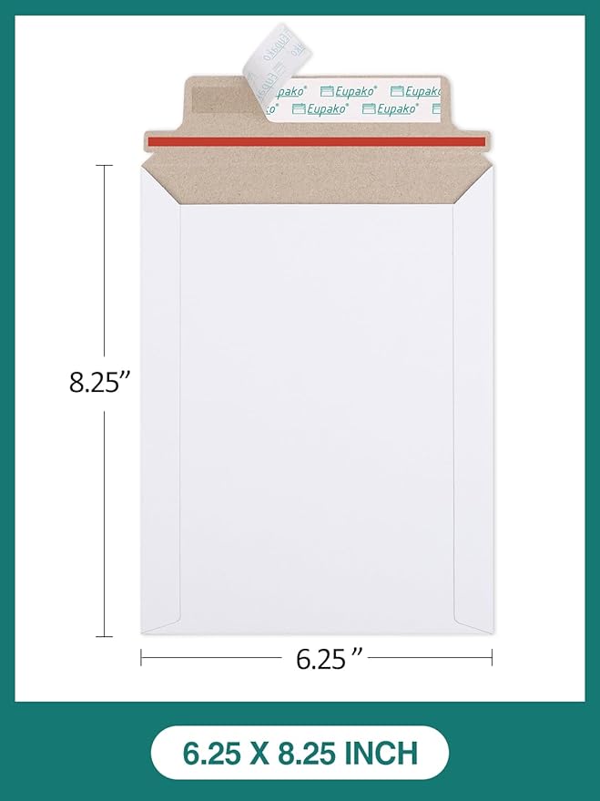 Eupako 6x8" 25 Pack Photo Document Mailer White Stay Flat Self-Seal Cardboard Envelopes for CDs, Pictures, Documents, 6.25 x 8.25 Inches