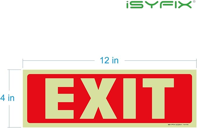 iSYFIX Exit Glow in the Dark Sign Stickers – 6 Pack 12x4 Inch – Photoluminescent Vinyl, Laminated for UV, Weather & Fade Resistance, Indoor & Outdoor for Business, School, Office, Warehouse
