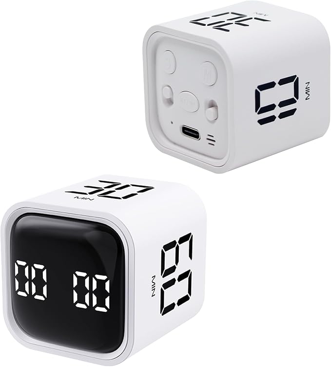 Productivity Timer Flip Gravity Sensor Cube Timer Countdown & Countup,Mute & Vibrate & Sound，5/10/30/60min & Custom Timing, Perfect for ADHD,Work,Learning,Kitchen Cooking (2 White)