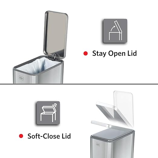 Clorox Slim Trash Can - 2.6 Gallon (10 Liter) Small Metal Trash Can with Soft Close Lid, Step Pedal, Removable Bucket - Stainless Steel Waste Bin for Narrow Spaces, Bathroom, and Office