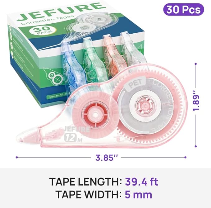 JEFURE 30 Pcs Colorful Core Correction Tape, 39.37 Ft White Wrong Out Tear-Resistant Bulk, Instant Corrections Easy to Use Applicator for School, Office, Note Taking, Journal (Tape Width 0.2 in)