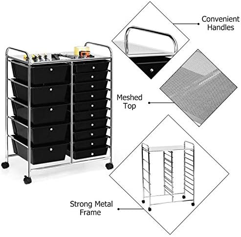 HAPPYGRILL 15-Drawer Rolling Cart, Storage Carts with Removable Drawers & Steel Frame, Utility Cart on Lockable Wheels for Home, School, Office, Black