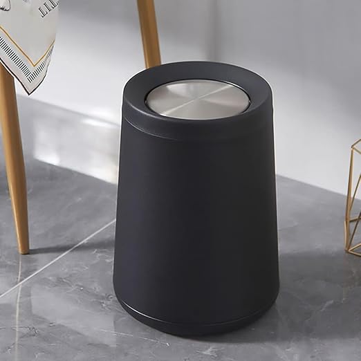 YOJIA 10L / 2.6Gal Metal Black Trash Can with Swing Lid, Modern Brass Garbage Can with Removable Inner, Decorative Unique Waste Basket for Bathroom, Bedroom, Office, Hotel, (Black)
