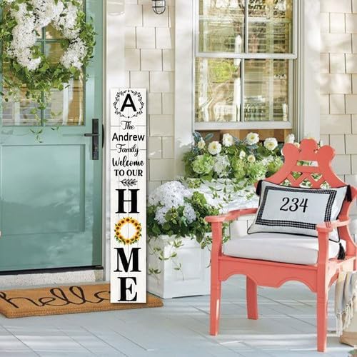 SRongmao Welcome To Our Home Porch Sign Personalized Welcome Sign for Front Door Custom Family Name Signs Standing Vertical Rustic Farmhouse Sunflower Wreaths Decor for Front Door Wall Decor