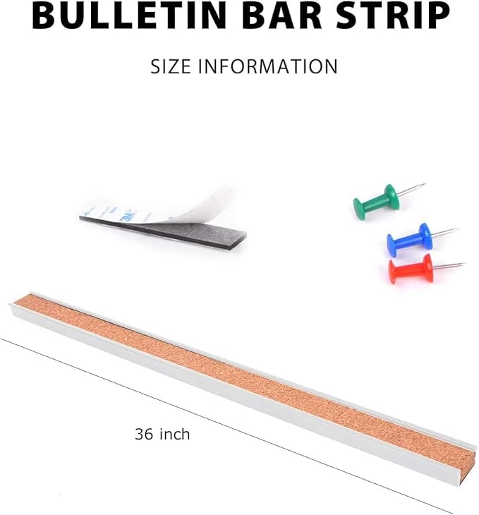 Corksidol Bulletin Bar Strip, Cork Board, Cork Strips, 36" x 1", Classroom, Office, Walls, Cubicle, Aluminum Frame,5 Pack, Silver